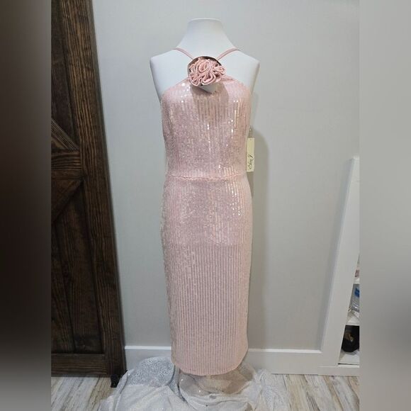 Eliza J Sequined Rosette Halter Midi Dress NWT size 10 Pink - Picture 4 of 6